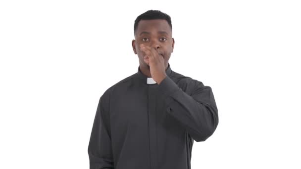 Portrait Young African Priest Simulating His Mouth Closed Zipper Shutting — Stock Video