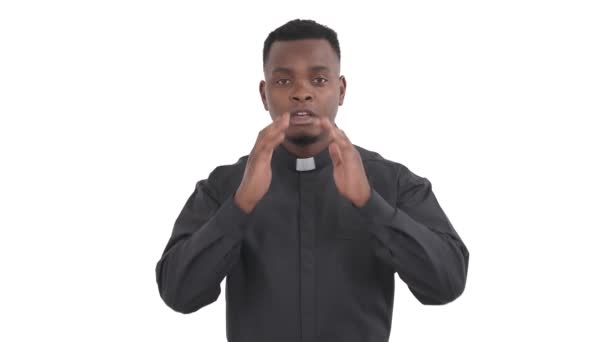 Portrait Young Black Skinned Priest Make Cupping Gesture Calling Someone — Stock Video