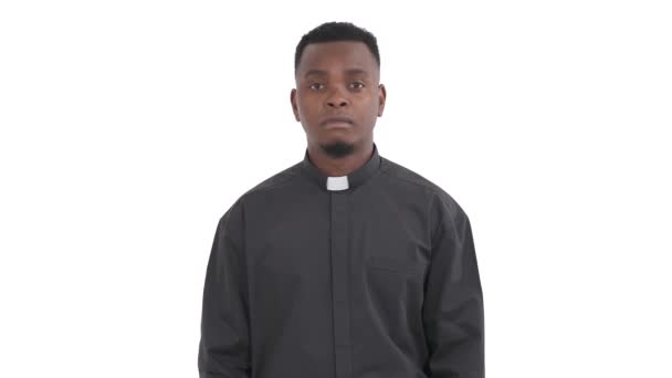 Portrait Frustrated Black Priest Covering His Face Both Hands Because — Stock Video