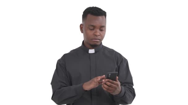 Portrait Smiling Black Priest Smartphone Hands Looking Telephone Screen Scrolling — Stock Video