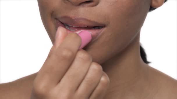 Close Woman Applying Lip Balm Lips Makeup Cosmetic Product Usage — Stock Video