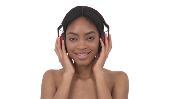 Woman Headphones Listening Music Female Model Dancing Isolated White Background — Stock Video