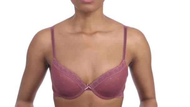 Front View Unrecognizable Black Woman Bra She Lifts Her Bra — Stock Video