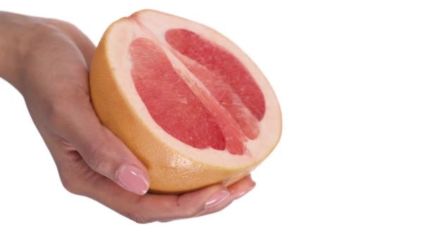 Close Black Female Hand Stroking Grapefruit Imprinting Petting Isolated One — Stock Video