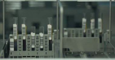 Otomatik analiz cihazında kan örnekleri olan test tüpleri. Klinik kimya analiz teknolojisi. Biyomateryal testi için modern ekipmanlar laboratuvarda. Sağlık hizmeti konsepti. Bulanık efektler