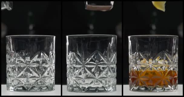 Βίντεο Κολάζ Τριών Κλιπ Ποτήρια Βράχου Για Ουίσκι Ρίχνω Αλκοολούχο — Αρχείο Βίντεο