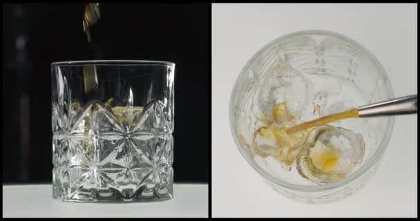 Video Collage Dos Clips Con Cristales Rocas Whisky Dorado Vierte — Vídeos de Stock