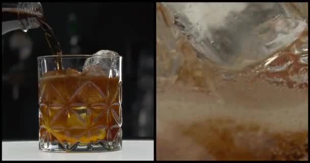 Montagem Tela Dividida Preparar Coquetel Bar Derramando Refrigerante Doce Beber — Vídeo de Stock