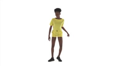 Beyaz arka planda dans eden genç Afrikalı kadın. Kız hızlı hareket ediyor, hızlı adımlar atıyor, vücudunun üst kısmını sallıyor, dans ediyor. Hip-hop hareketleri.
