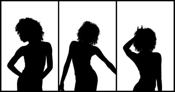 Silhouette Young Dancing Woman Curly Afro Wig Collage Video Three — Stock Video