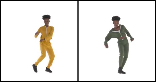 与跳舞的非洲裔美国妇女分割两个片段的屏幕拼贴 同一个人穿着不同颜色的运动服 嘻哈舞步 因白人背景而被隔离 — 图库视频影像