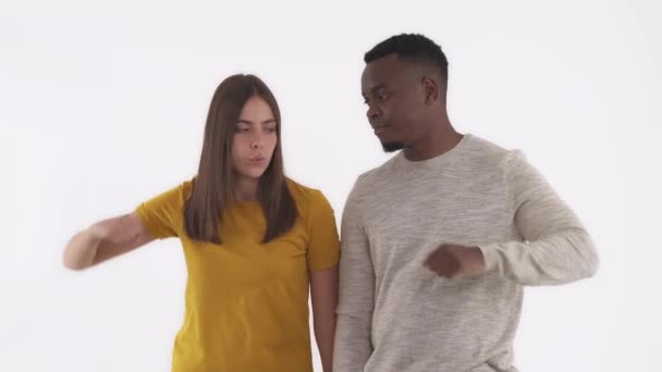 Portrait Friendly Mixed Race Couple Greeting Exploding Fist Bump Jabat — Stok Video