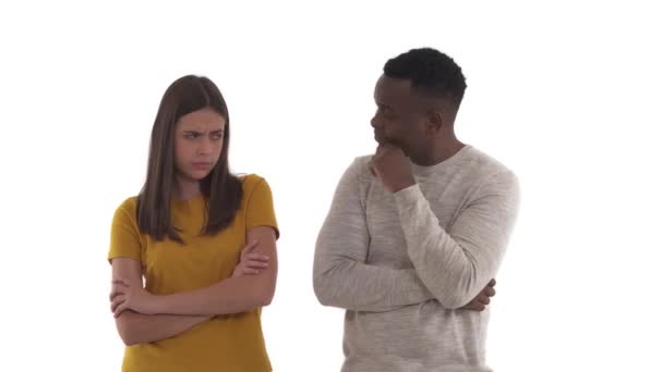 Portrait Cranky Caucasian Woman Her Confused African Boyfriend Human Emotions — Stock Video