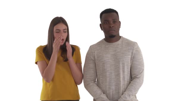 Young Caucasian Woman Coughing African Man Covered His Face Hand — Stock Video