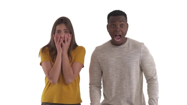 Portrait Mixed Race Terrified Couple Covering Face Great Fear Human — Stock Video
