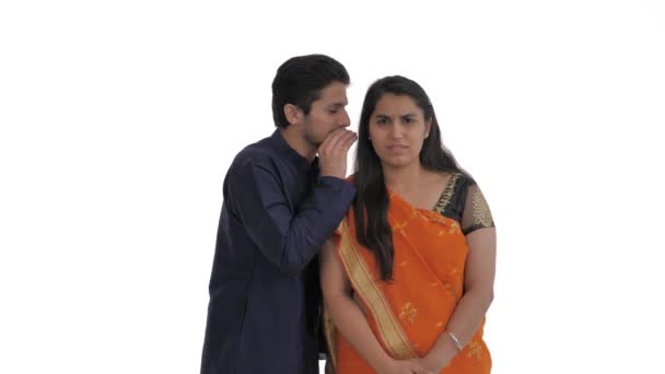 Portrait Young Indian Couple Beard Man Whispering Woman Ear Gossip — Stock Video