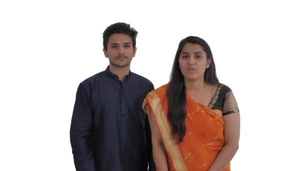 Close Indian Couple Showing Silence Gesture Index Fingers Lips Expressing — Stock Video