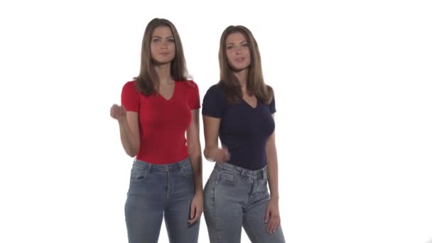 Unge Kaukasiske Tvillingesøstre Viser Tavshed Gestus Bringe Pegefinger Læberne Isoleret – Stock-video