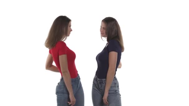 Сексуальные Белые Сёстры Близнецы Обращаются Друг Другу Посылают Воздушный Поцелуй — стоковое видео