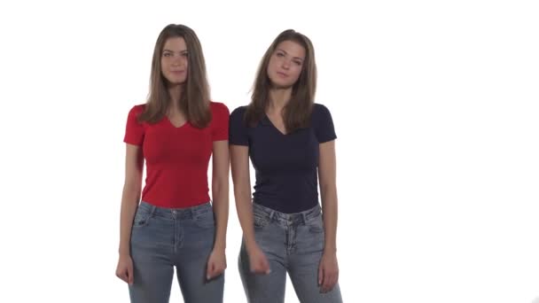 Porträtt Unga Vita Tvillingsystrar Som Visar Tummen Upp Med Motsatta — Stockvideo