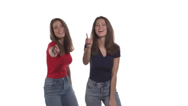 Jeunes Sœurs Jumelles Caucasiennes Riant Quelqu Pointant Vers Caméra Isolé — Video