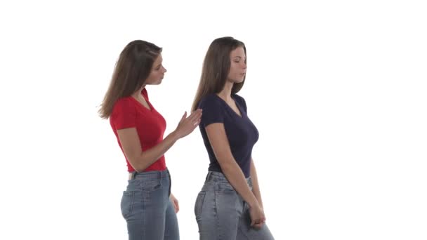争いの中で白人の双子の姉妹のサイドビューショット 赤いTシャツの女性が許しと抱きしめる妹を求めています 家族関係の概念 白地に隔離された — ストック動画