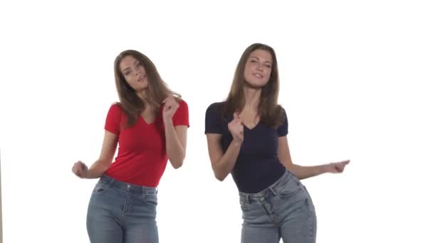 Attraktive Kaukasische Zwillingsschwestern Die Sich Rhythmisch Bewegen Und Fröhlich Tanzen — Stockvideo