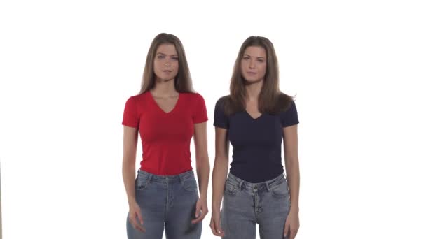 Captura Frontal Irmãs Gêmeas Caucasianas Bonitos Expressando Simpatia Aprecia Alguém — Vídeo de Stock