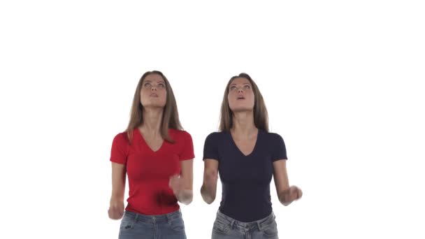 Kaukasische Zwillingsschwestern Zeigen Erstaunt Nach Oben Und Nicken Zustimmend Isoliert — Stockvideo