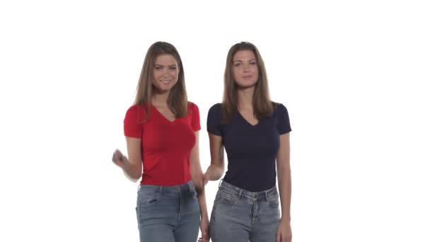 Portrait Smiling Caucasian Twin Sisters Shoving Sign Gesture Peace Victory — Stock Video