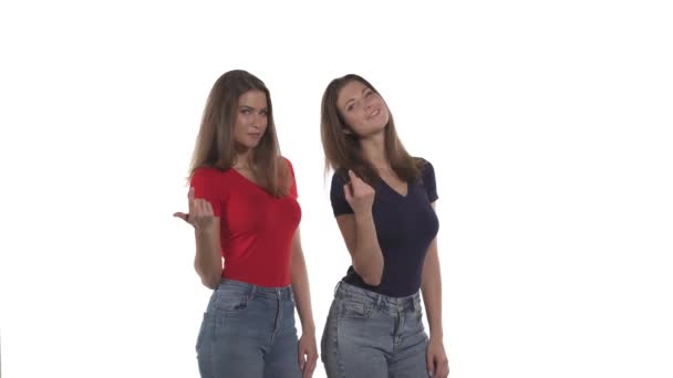 Flirty Hermanas Gemelas Caucásicas Mirando Cámara Llamando Alguien Con Dedo — Vídeos de Stock