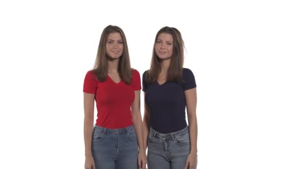 쌍둥이 자매가 웃으며 카메라를 흔들며 인사하는 배경에 고립됨 — 비디오