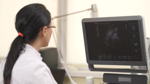 Zbliżenie Profesjonalnej Sonografki Patrzącej Monitor Ultrasonografu Podczas Badania Lekarskiego Koncepcja — Wideo stockowe