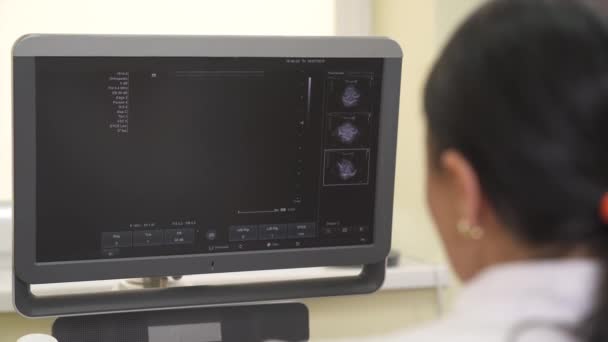 Zbliżenie Profesjonalnej Lekarki Robiącej Usg Brzucha Jelita Monitorze Koncepcja Opieki — Wideo stockowe