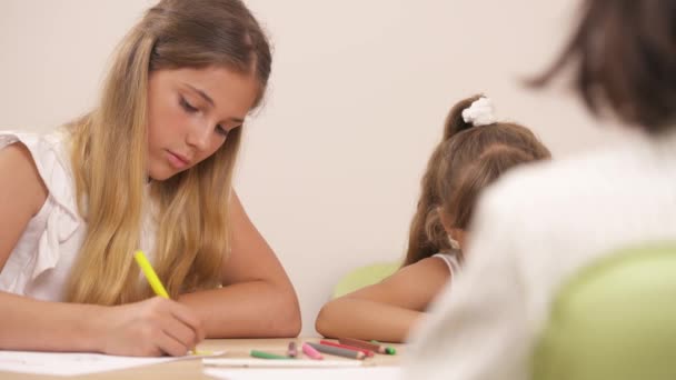 幼儿职业治疗课程中的小妹妹们与家庭支持中心的专业心理学家一起画画 — 图库视频影像