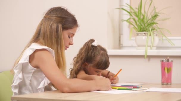参加儿童心理治疗课程的妹妹 孩子们一边画画一边拿一支铅笔 — 图库视频影像