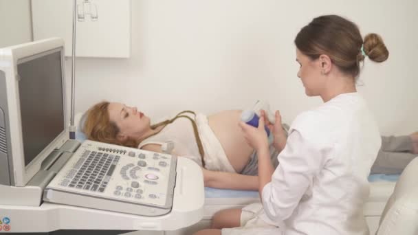Lekarz Stosujący Sondę Ultrasonograficzną Żelem Usg Podczas Ultradźwiękowego Badania Ciężarnej — Wideo stockowe