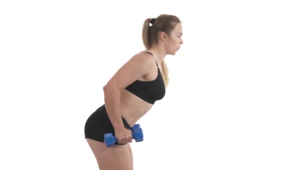 Zijaanzicht Portret Van Triceps Workout Met Halters Van Blonde Sportvrouw — Stockvideo
