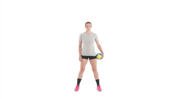 Caucasian Sportswoman Standing Basic Position Holding Ball Handball Training Isolated — Stock Video