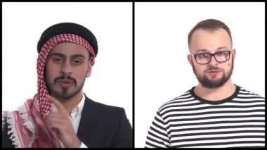 Bin yıllık etnik çeşitliliğe sahip erkeklerin yakın çekimi sessizlik işareti gösteriyor. Gizli konsept tutmak. Şşş işareti, vücut dili. Dikey Kolaj