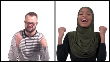 Afro-Amerikalı kadın ve beyaz erkek olumlu duygular ifade ediyorlar. Evet, başarı jesti gösterisi. Vücut dili kavramı. Dikey Kolaj