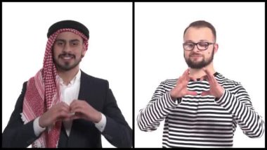 İki yakışıklı genç adamın el ele tutuşup kalp şeklinde dikey kolajı. Vücut dili ve jestler