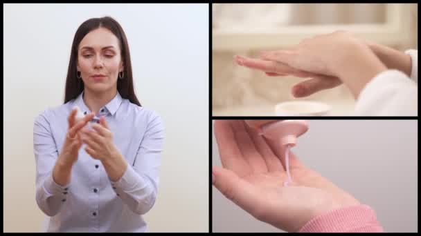 Collage Van Vrouwen Die Alcohol Desinfecterende Spray Gebruiken Infectie Met — Stockvideo