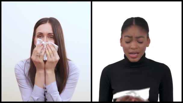 医療の概念 コラージュ 世界大流行 白人とアフリカ系の100万人の女性が白いティッシュペーパーを使ってくしゃみをする — ストック動画