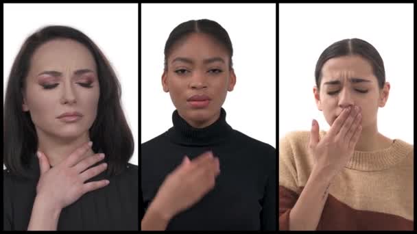 Grupa Wielorasowych Młodych Kobiet Białym Tle Czujących Mdłości Kaszel Cierpiących — Wideo stockowe