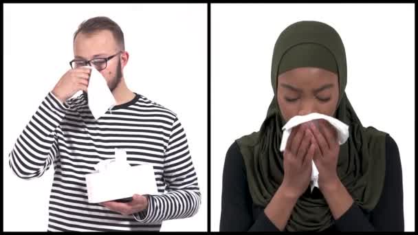 Concepto Salud Collage Pandemia Mundial Hombre Caucásico Mujer Africana Estornudando — Vídeo de stock