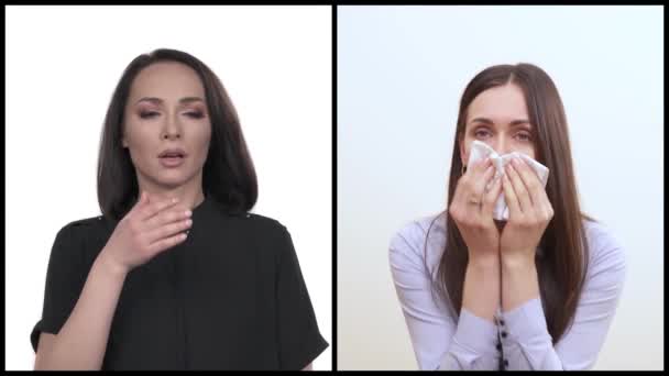 ティッシュペーパーを使用して鼻を塞ぎ くしゃみをした若い白人女性のクローズアップスタジオショット コラージュ コロナウイルスアジアインフルエンザパンデミック流行概念 — ストック動画