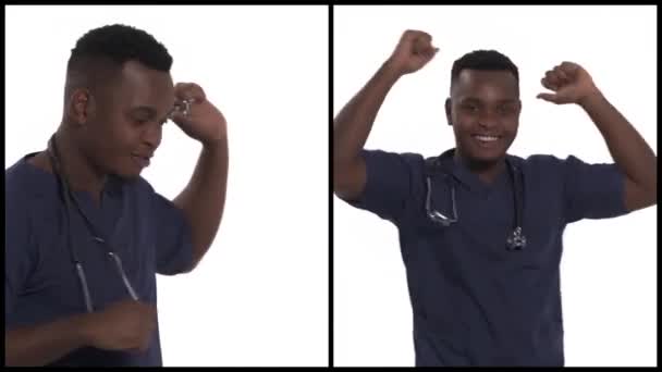 Beyaz Soyutlanmış Arka Plan Dansında Yakışıklı Afrikalı Amerikalı Doktor Kolaj — Stok video