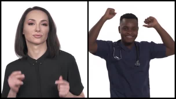 Collage Joven Médico Afroamericano Masculino Encantadora Mujer Caucásica Bailando Disfrutando — Vídeos de Stock