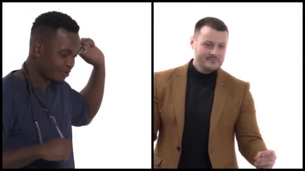 Kolaż Atrakcyjnych Młodych Mężczyzn Białym Odizolowanym Tle Tańczy Szczęśliwy Wesoły — Wideo stockowe